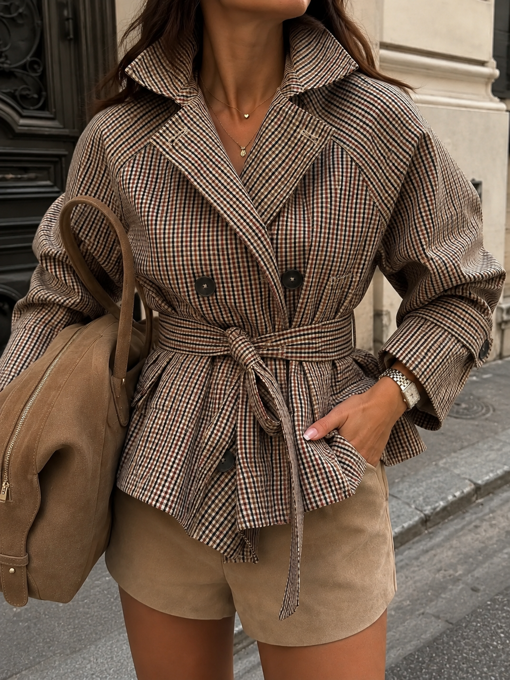 Tailored Plaid Belted Trench Coat